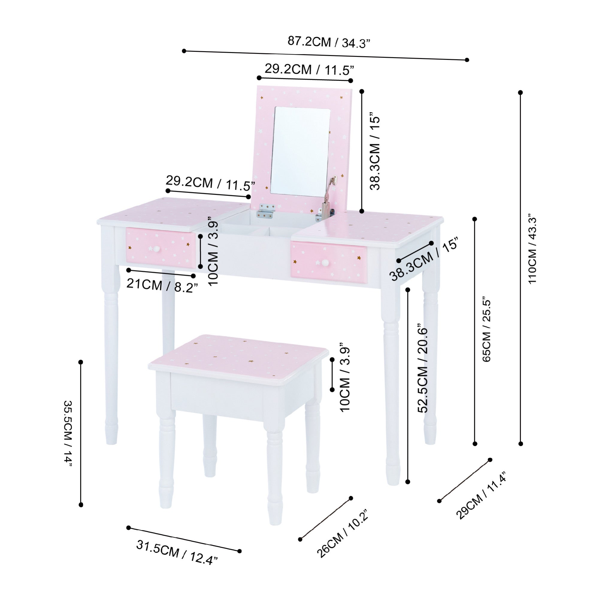 Fantasy Fields Kids Kate Twinkle Star Vanity Set with Foldable Mirror and Chair, Pink/White