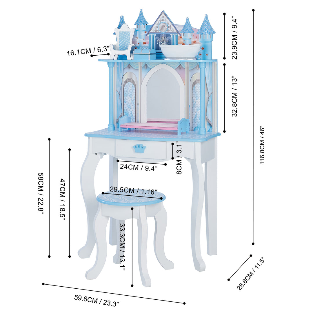 The measurements of a Fantasy Fields Kids Dreamland Castle vanity set with chair and accessories.