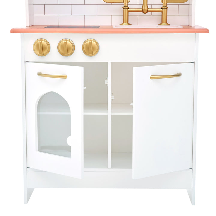 Teamson Kids Little Chef Boston Classic Play Kitchen & Cookware, White with gold handles and a copper countertop with the doors open.