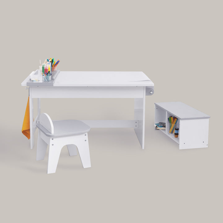 Fantasy Fields Little Monet Art Table with Paper Roll, Stool, Bench and More, White/Gray