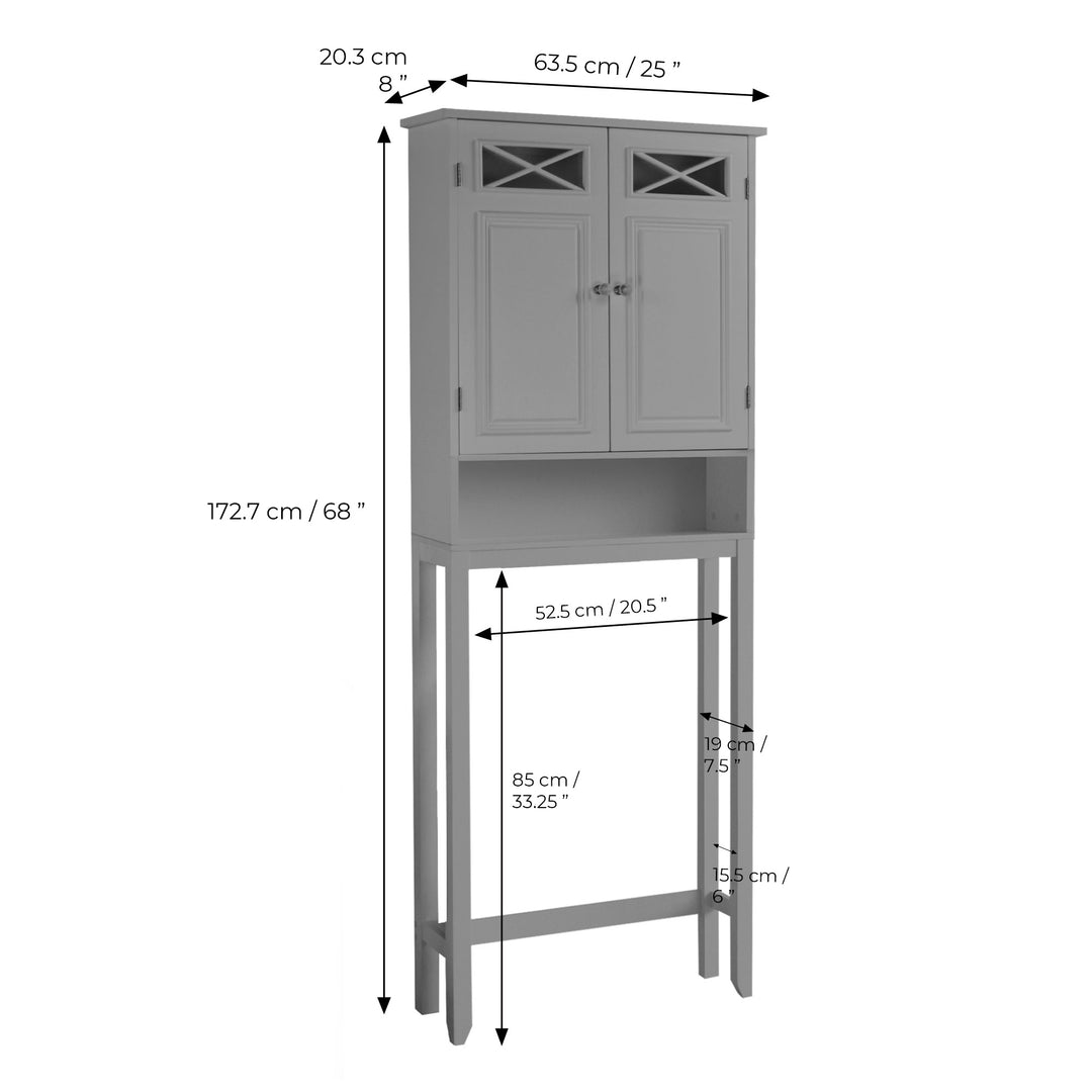 Gray Teamson Home Dawson Over the Toilet Storage Cabinet with open lower shelf with dimensions in centimeters and inches