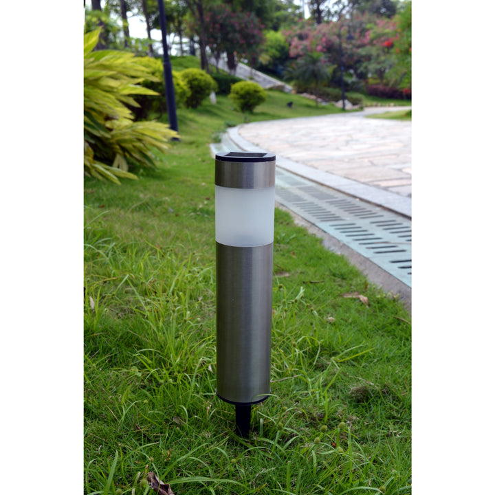 Teamson Home Solar Bollard Light with ground spike, Set of 4, Chrome, set in the ground along a pathway