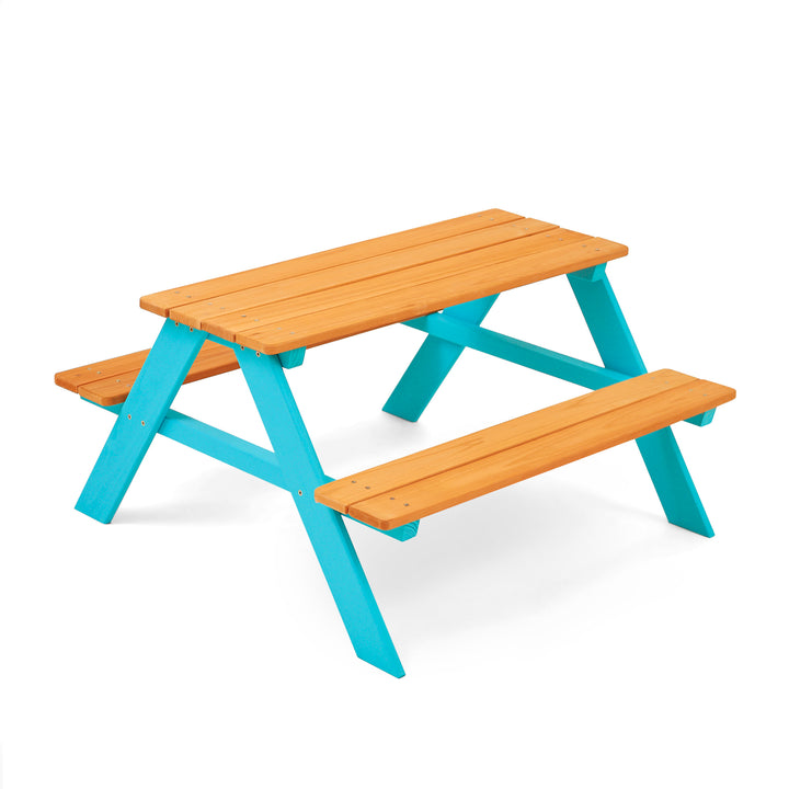 Teamson Kids Child Sized Wooden Outdoor Picnic Table in Warm Honey/Aqua with versatile colors, including a bright blue frame and natural finish on top and benches, isolated on white background.