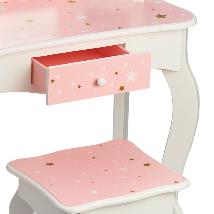 A pink Fantasy Fields Gisele Play Vanity Set with Mirrors, Pink/White with a stool and stars.