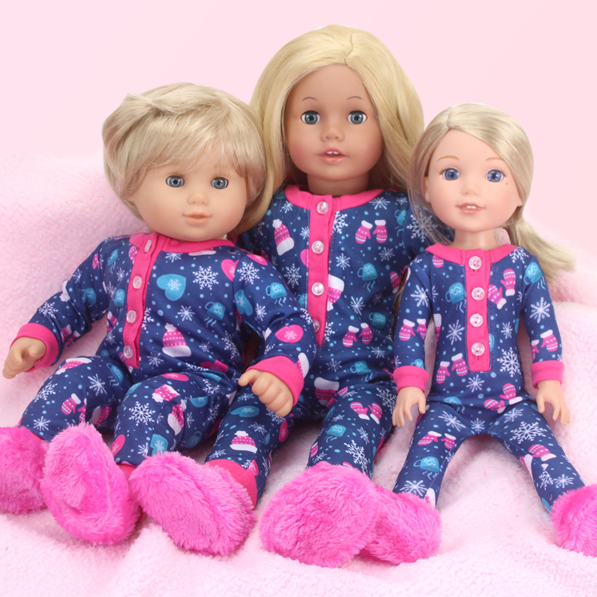 Sophia’s Hot Cocoa Print Long-Sleeved Winter Pajama Onesie with Matching Fuzzy Slippers Sleep Set for 18” Dolls, Navy/Hot Pink
