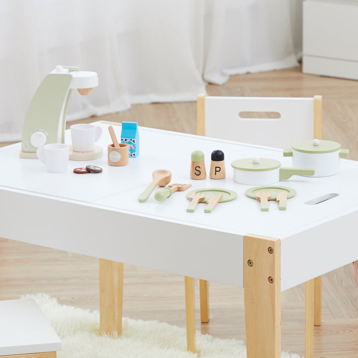 A child's playset with kid-friendly dimensions, including Teamson Kids Little Chef Frankfurt Wooden Cookware Play Kitchen Accessories laid out on a small table.