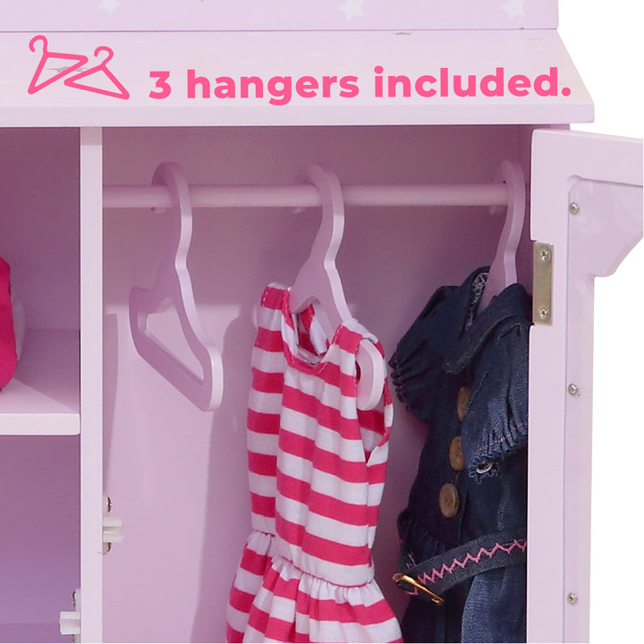 A pink, eco-friendly Olivia's Little World Twinkle Stars Princess Fancy Closet with Hangers for 18-inch dolls with clothes hanging on it.