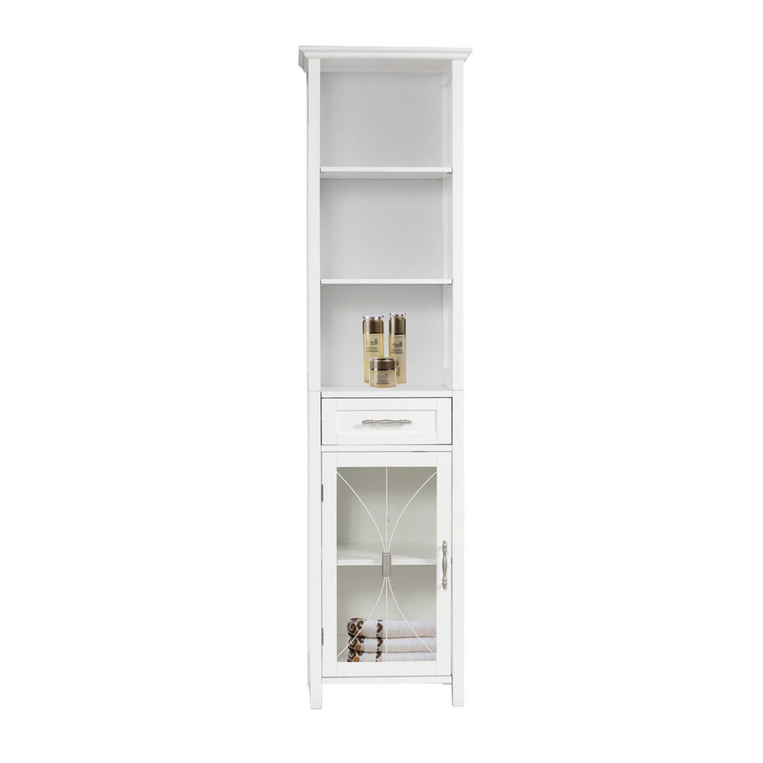 White Teamson Home Delaney Freestanding Linen Tower with Mixed Storage with toiletries on the shelves and towels inside the cabinet