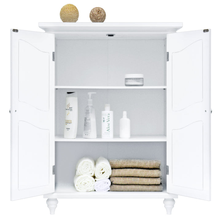 Teamson Home Versailles Floor Cabinet with open doors displaying towels, bottles of cosmetic products, and a decorative golden sphere