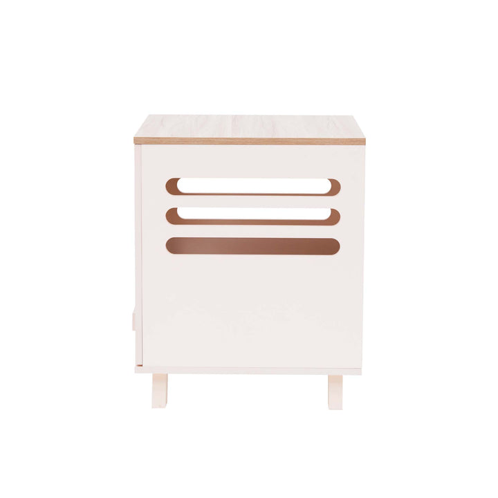 A view of the side of the Elyse Elevated Vented Wooden Cat Litter Box Enclosure Side Table, Tan and White