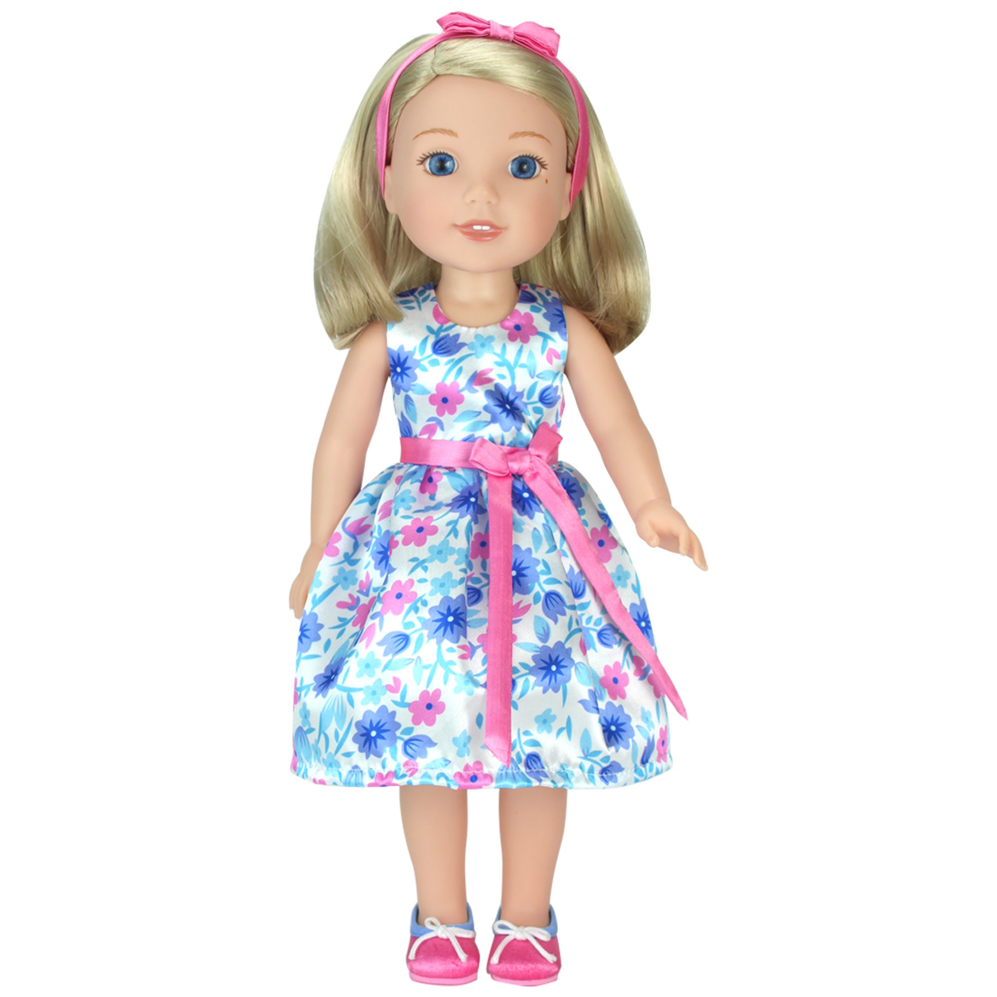 Sophia's - 14.5" Doll - Girl Satin Aqua Floral Print Party Dress, Hairbow & Ballet Flats - White