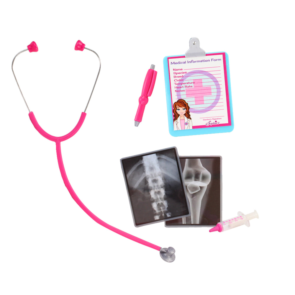 A stethoscope, syringe, clipboard, pen and two x-rays for an 18" doll.