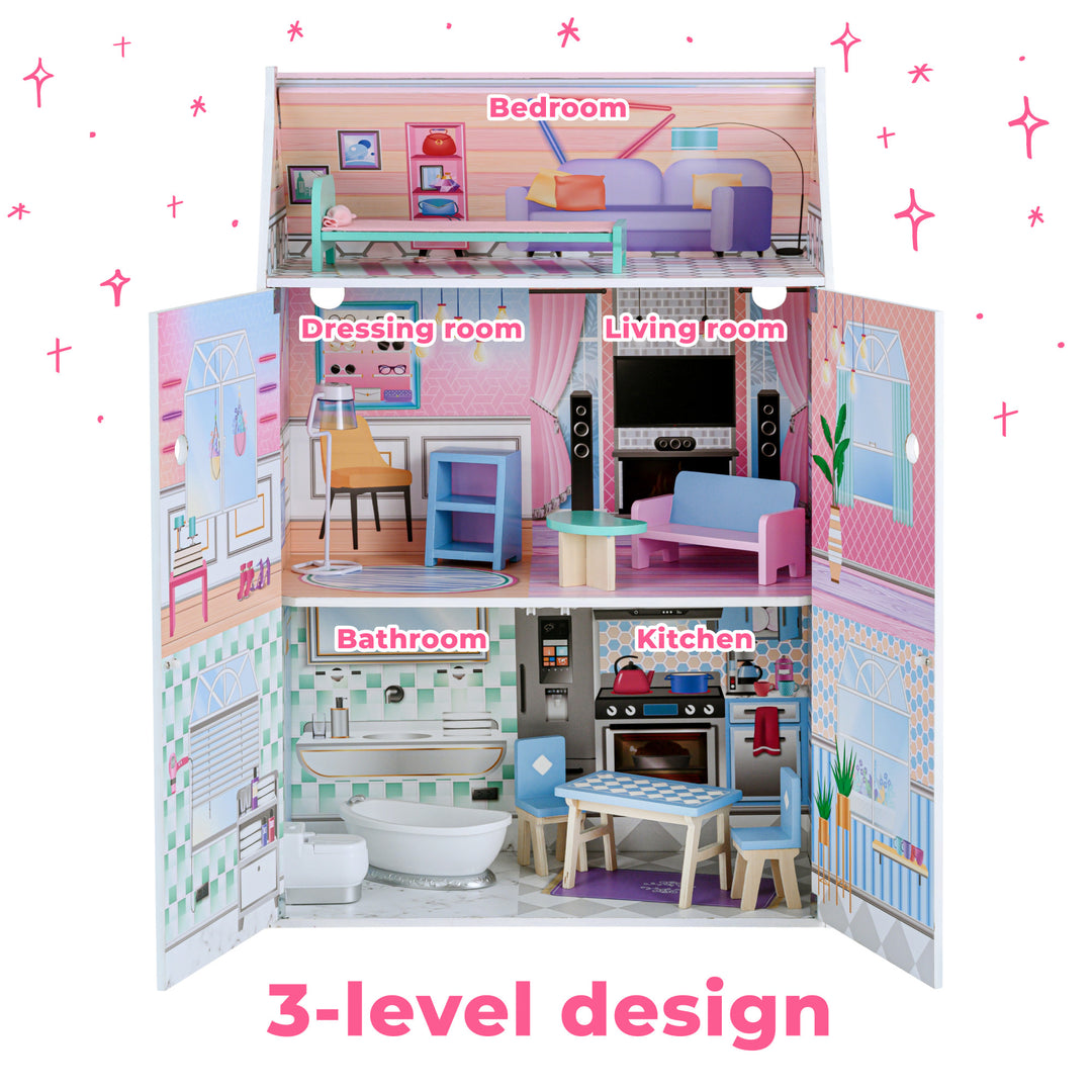 View of fully-illustrated three-story dollhouse with caption "3-level design", "bedroom", "dressing room" "living room", "bathroom", "kitchen"