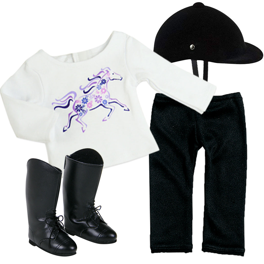 Sophia's - 18" Doll - Purple Horse T, Black Leggings, Black Riding Helmet & Black Riding Boots - White