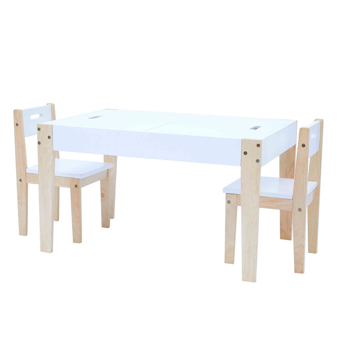A white and wood child-sized table and two chairs.d Chairs Set with Storage and 2-Way Chalkboard Table Top, White