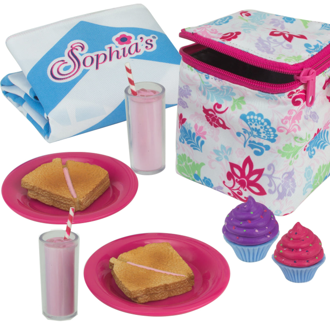 A Sophia’s Picnic Lunch Set with Food and Cooler for 18" Dolls with plates and cups, accessories included for a doll picnic set.