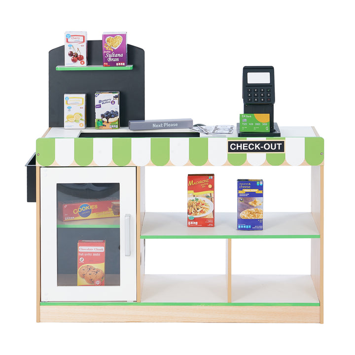 Kids Teamson Kids Cashier Austin Play Market Checkout Counter with 26 Accessories, Green/Natural with pretend food products and a cash register.