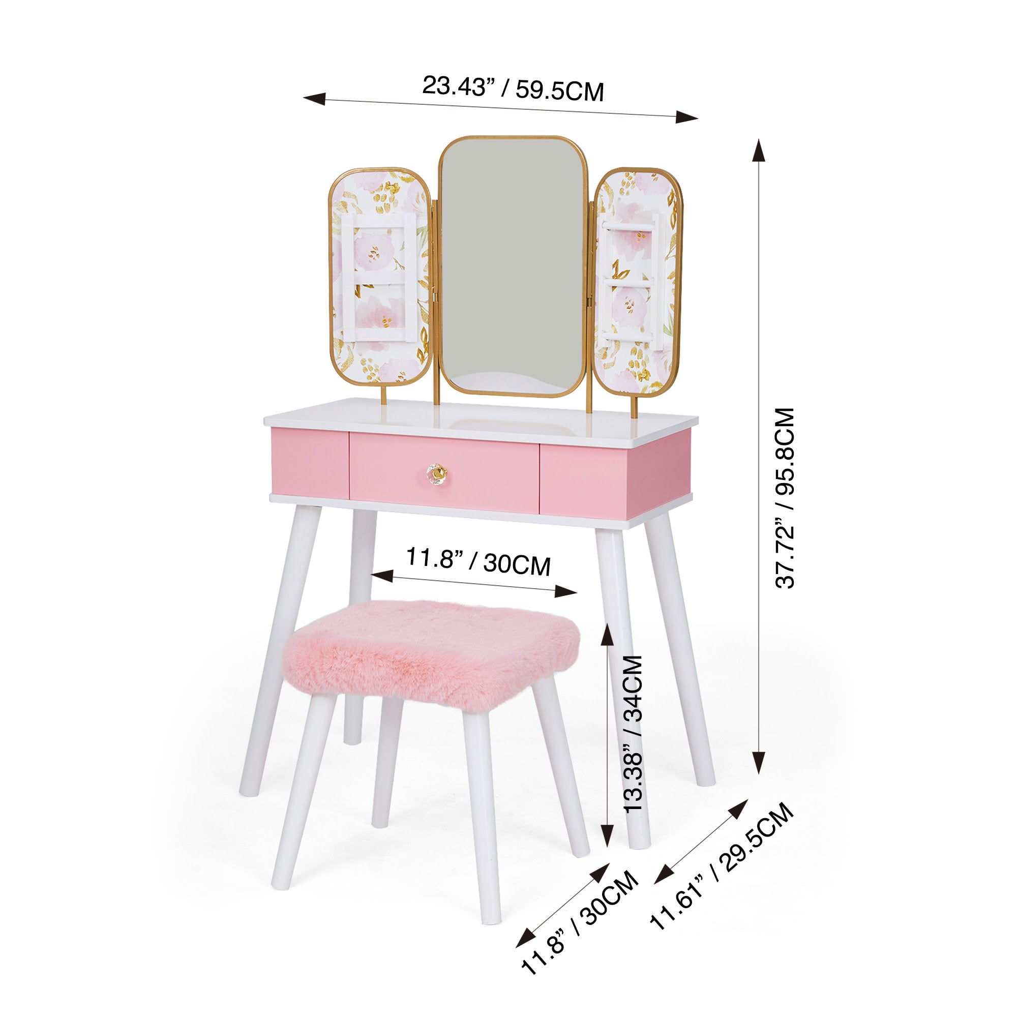 Fantasy Fields Little Lady Izabel Medium Floral Play Vanity Set with Matching Stool & Removable Faux Fur Cover, Floral Printed Panels, & Storage Drawer, White/Pink