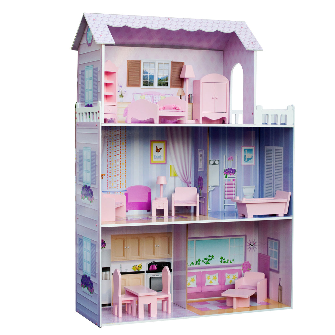 An image of Olivia's Little World Dreamland Tiffany Dollhouse with 12 Accessories, Pink/Purple suitable for Barbie sized dolls.