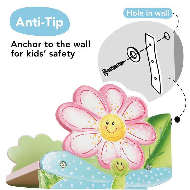 Callout for the anti-tip anchor on the back of the bookshelf for safety.