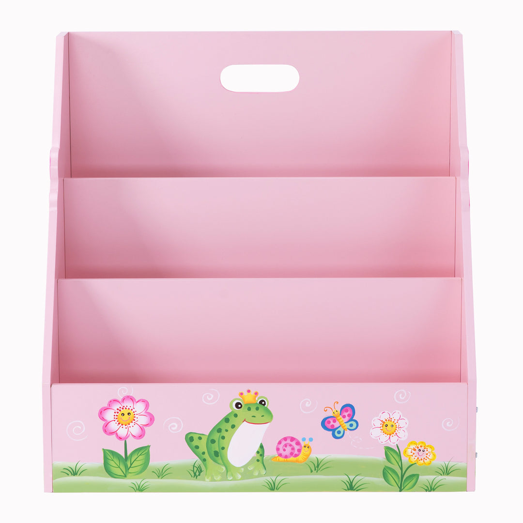 A Fantasy Fields Kids Painted Wooden Magic Garden 3-Tiered Bookshelf, Pink with a frog and flowers on it, perfect for storage solution in the playroom.