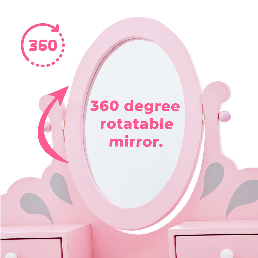 A pink Teamson Kids Little Princess Rapunzel Vanity Playset with a 360-degree rotating mirror from Fantasy Fields.