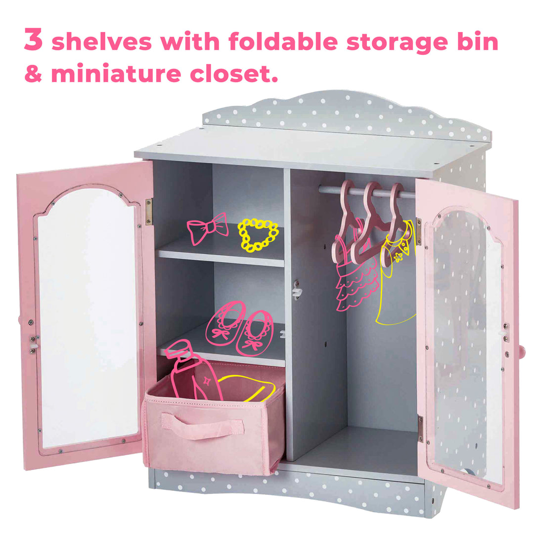 Gray closet with white polka dots and pink accents with doors open and illustrations and the caption, "3 shelves with foldable storage bin & miniature closet."