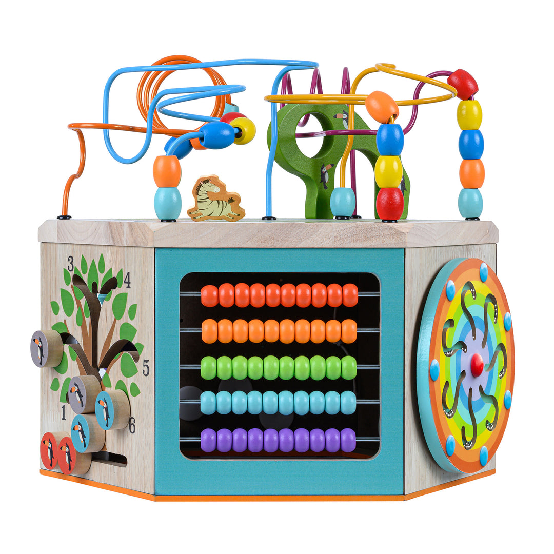 Teamson Kids Preschool Play Lab 7-in-1 Large Wooden Activity Station, Natural for children with bead mazes, abacus, and interactive learning sides featuring kid-sized dimensions and durable construction.