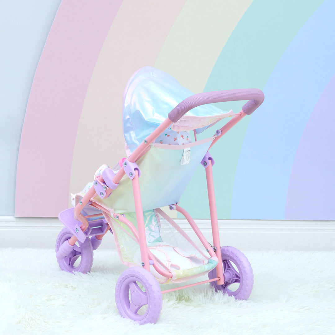 The back view of an iridescent baby doll jogging stroller.
