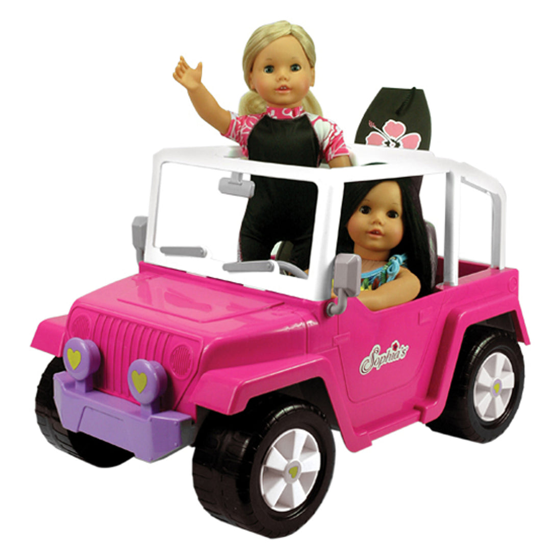 A Sophia’s 4 x 4 Hot Pink Beach Cruiser Truck for 18" Dolls with two dolls in it.
