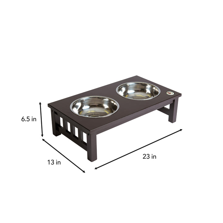 Teamson Pets 6.5" Pet Dog Feeder with 2 Stainless Steel Bowls, Espresso, featuring two stainless steel bowls and dimensions in inches and centimeters.