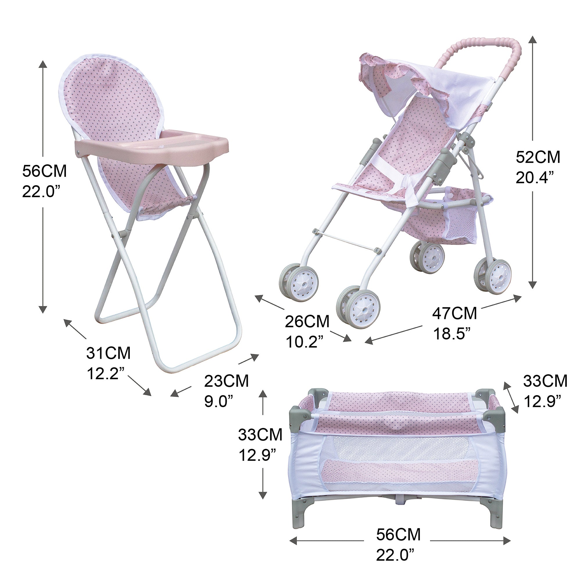 Olivia's Little World Polka Dots Princess 3-in-1 Baby Doll Nursery Set, Pink/Gray