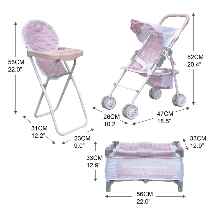 Dimensions in inches and centimeters, in pink and white, of a high chair, a stroller, and a play pen.
