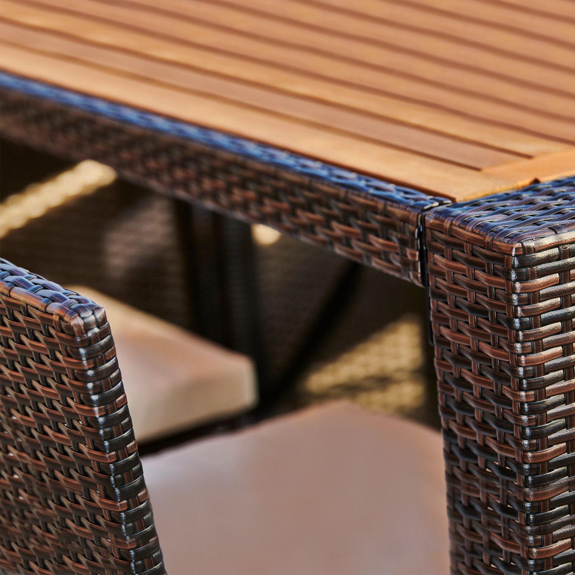 Teamson Home 5 Pc Outdoor Wicker Dining Set with Acacia Tabletop and Cushions, Brown