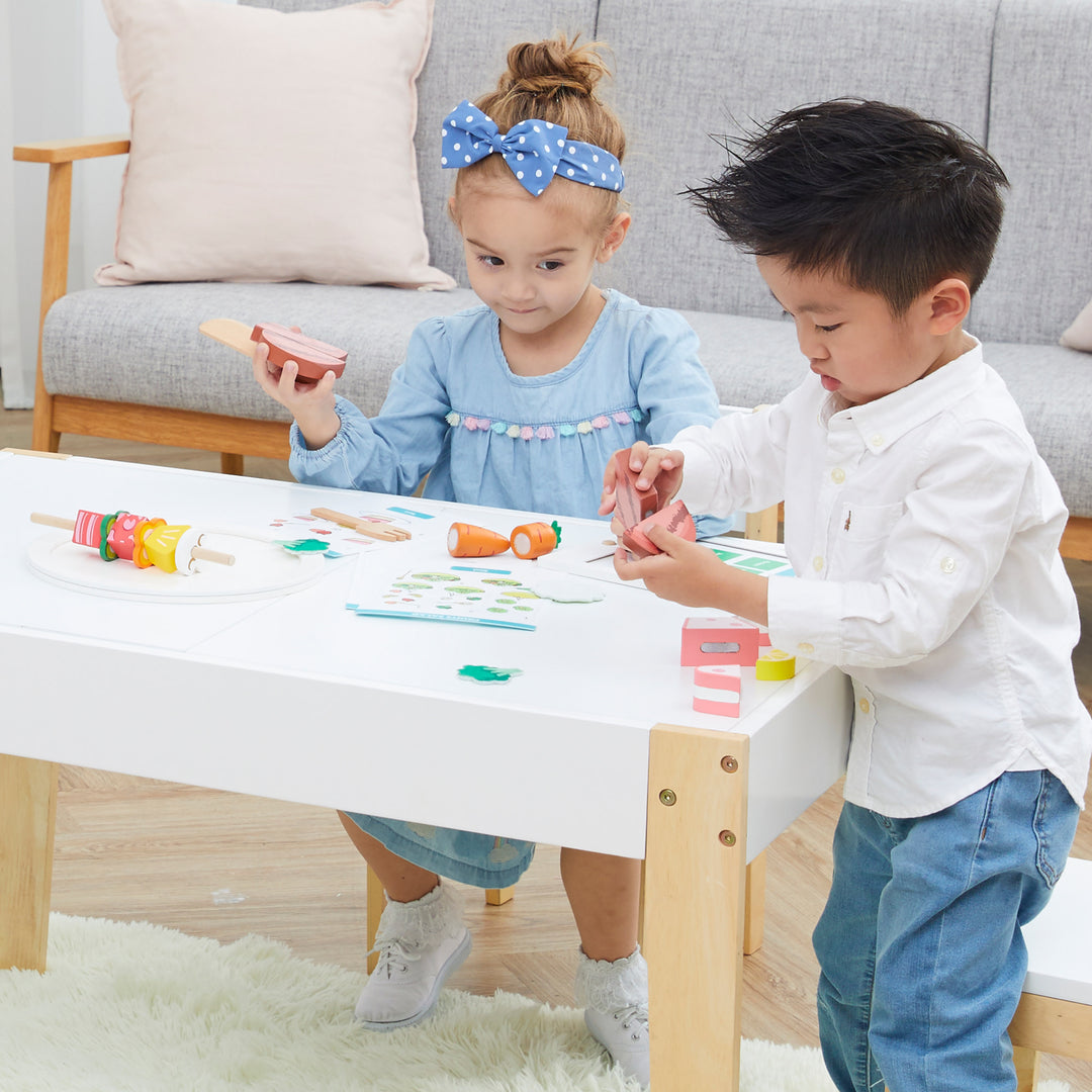 Two kids play together with the Little Chef Frankfurt Wooden Cutting food with Tablet and 3 recipes play kitchen accessories.