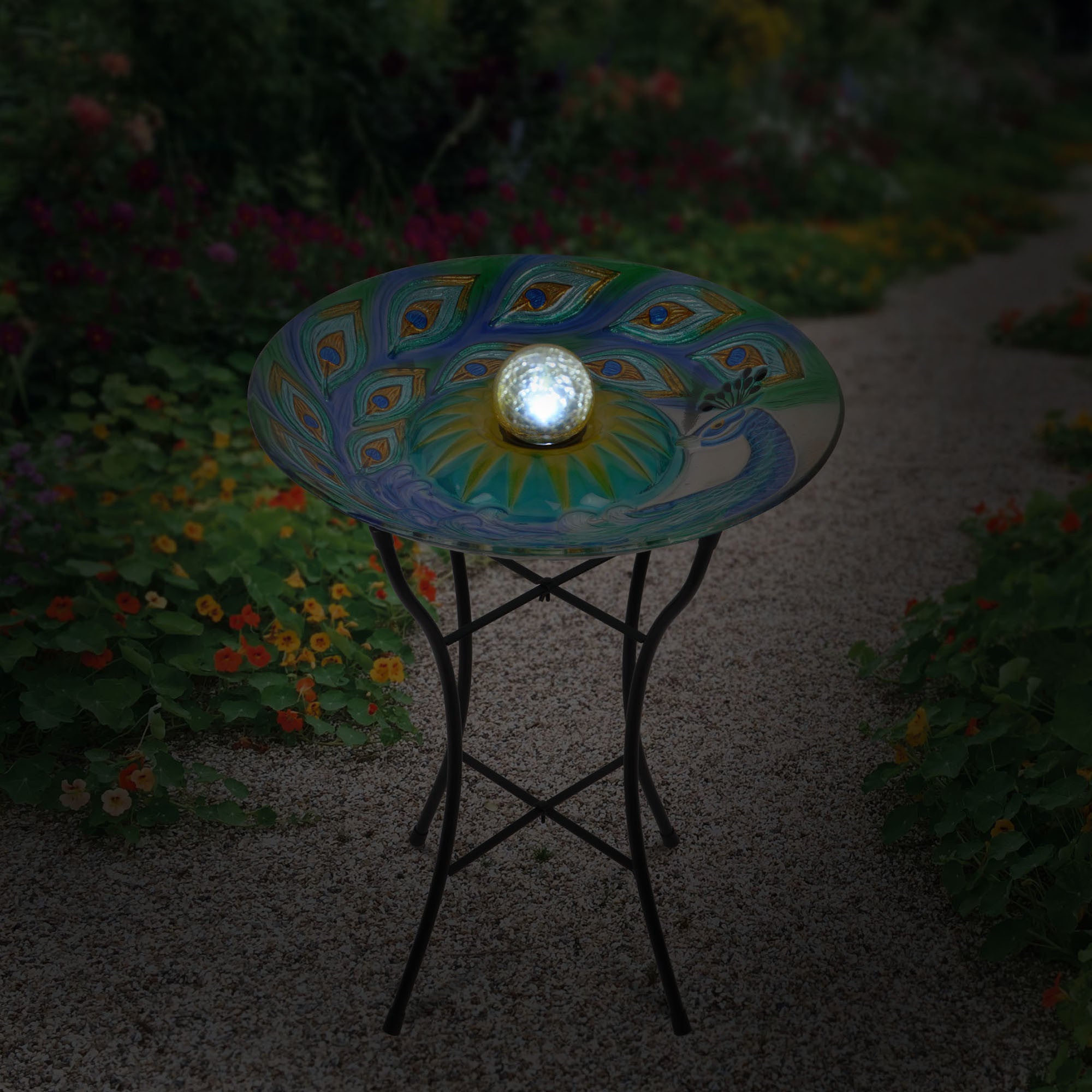 Teamson Home 18" Outdoor Solar Glass Peacock Birdbath with LED Lights and Stand, Multicolor