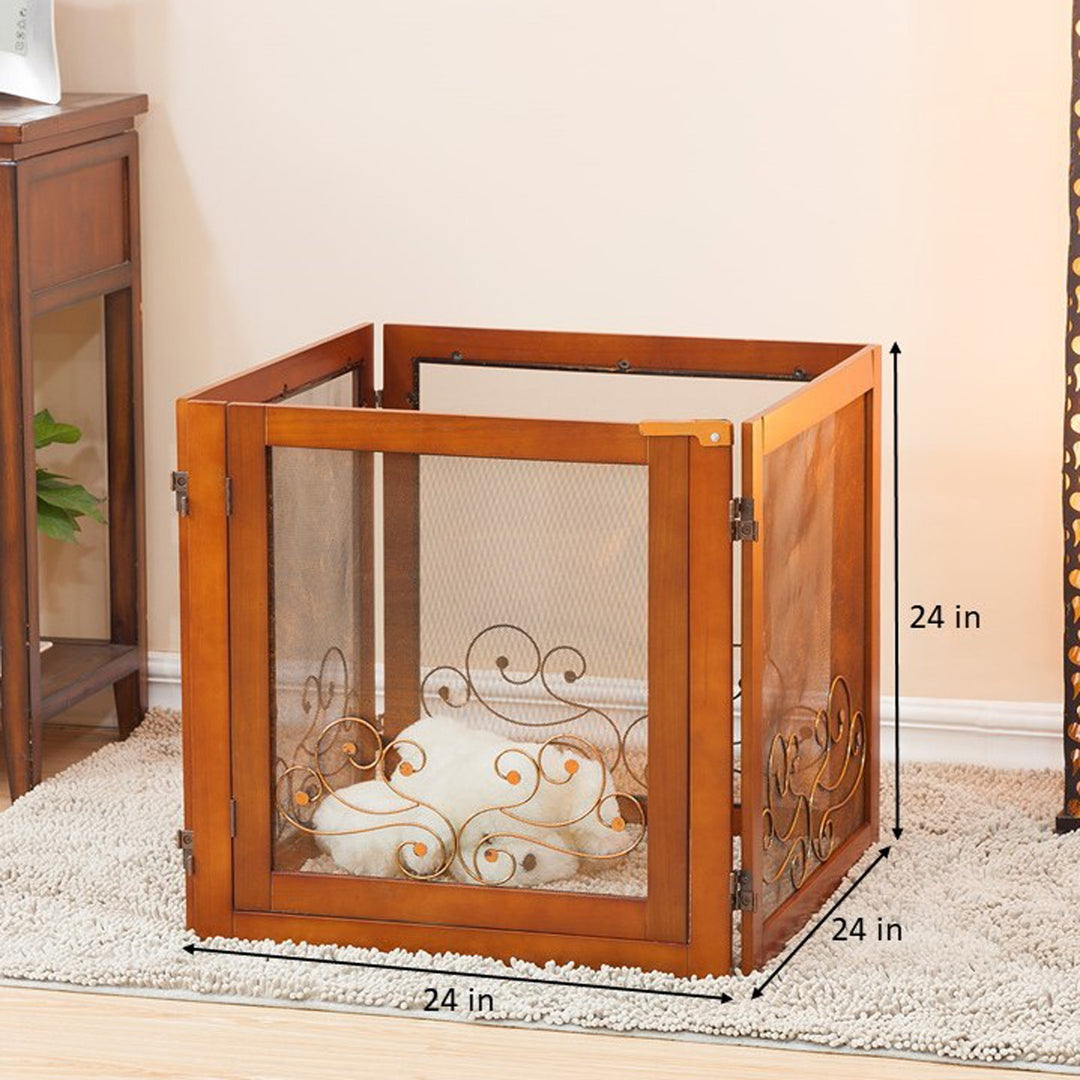 A Decorative Dog Gate with 4 Screened Panels and Ornamental Scrollwork with the dimensions in inches listed.