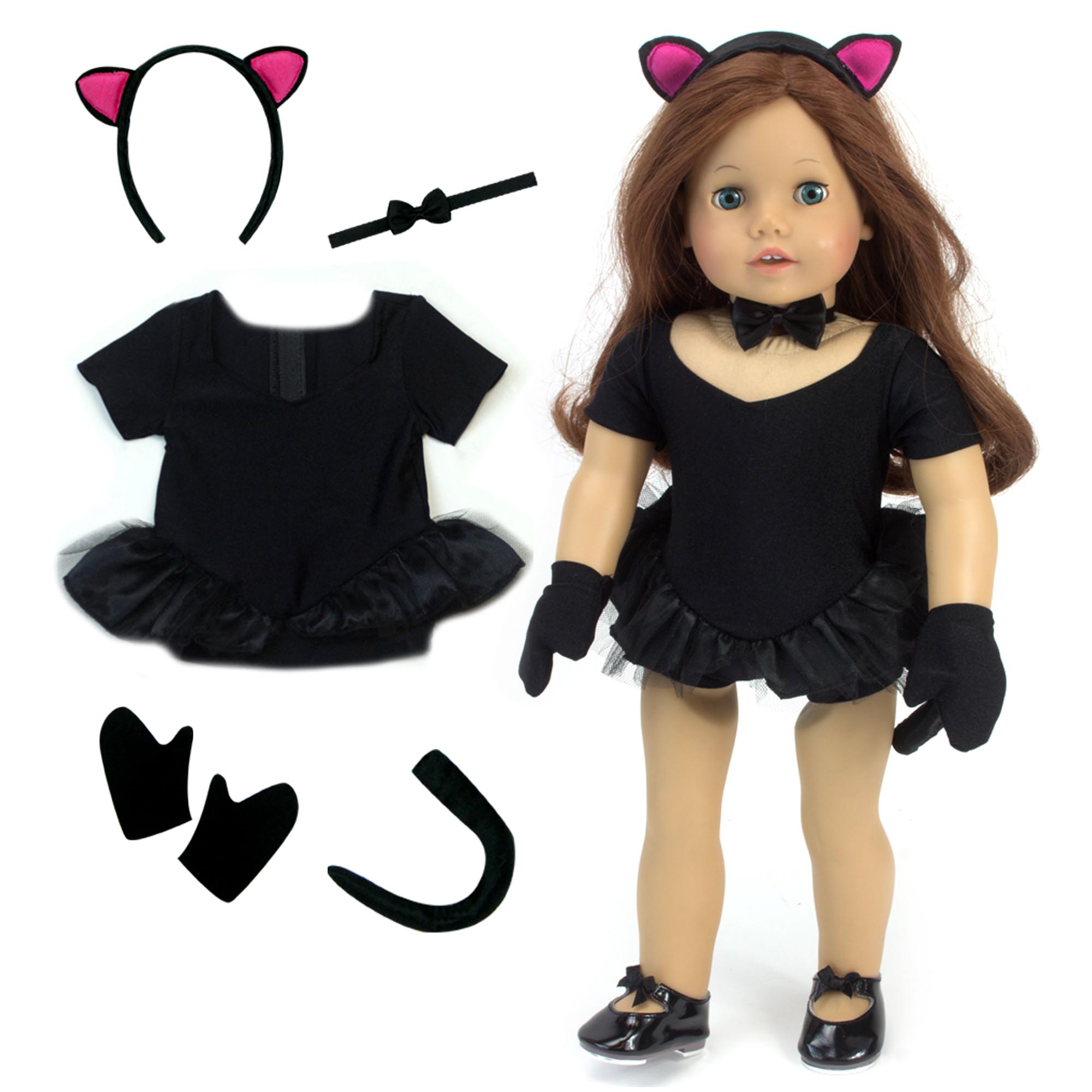 Sophia’s Complete Six-Piece Jazz Dance Leotard & Kitty Cat Costume with Gloves, Tail, Choker, & Ears for 18” Dolls, Black
