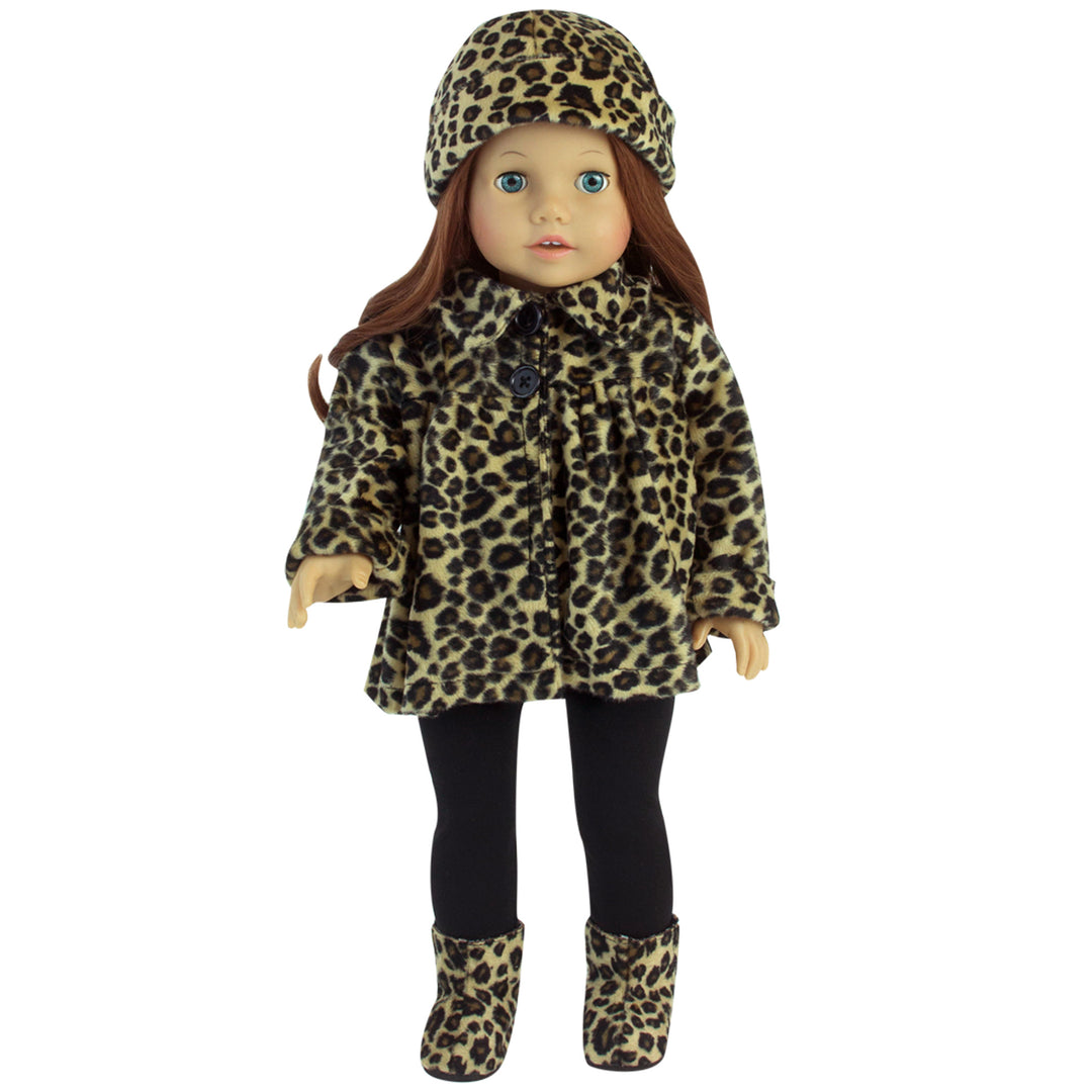 An auburn-haired 18" doll with blue eyes in a leopard-print coat, hat, and boots and black leggings.
