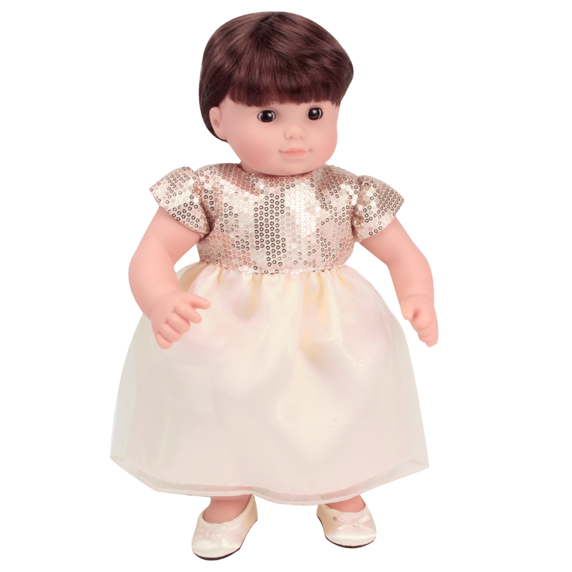 Sophia’s Holiday Special Occasion Sparkling Sequin Top Dress with Organza Skirt & Matching Ballet Flat Shoes for 15” Baby Dolls, Champagne Gold