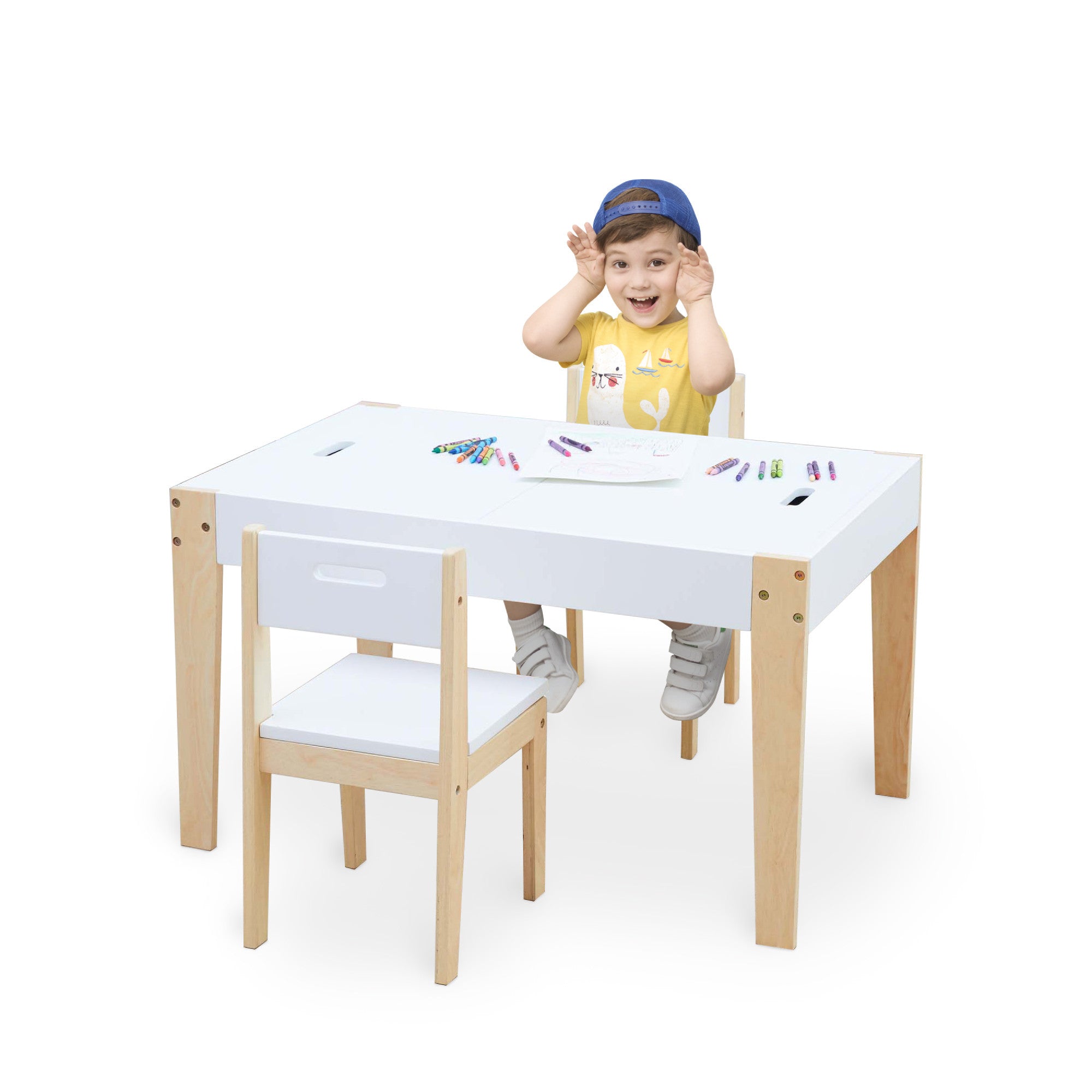 Fantasy Fields  3 Piece Play Table and Chairs Set with Storage and 2-Way Chalkboard Table Top, White