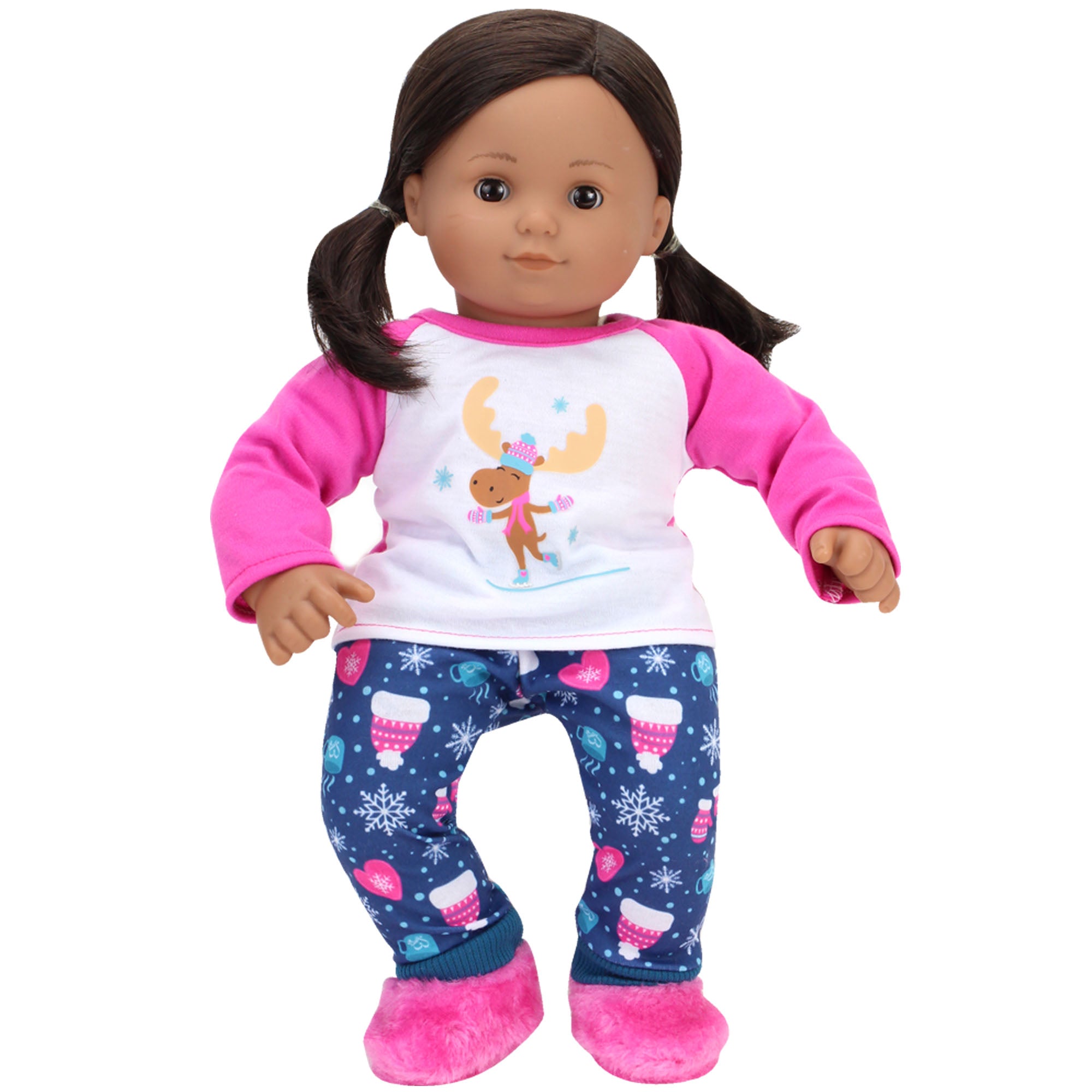 Sophia's Ice Skating Moose Graphic Tee, Winter Print Pajama Pants and Slippers for 15" Baby Dolls, Pink/Blue