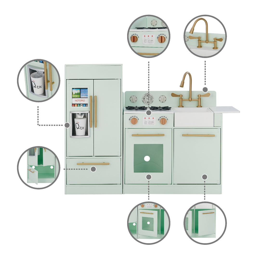 An illustration of the Teamson Kids Little Chef Charlotte Modern Play Kitchen, Mint/Gold with highlighted features and close-up inserts.