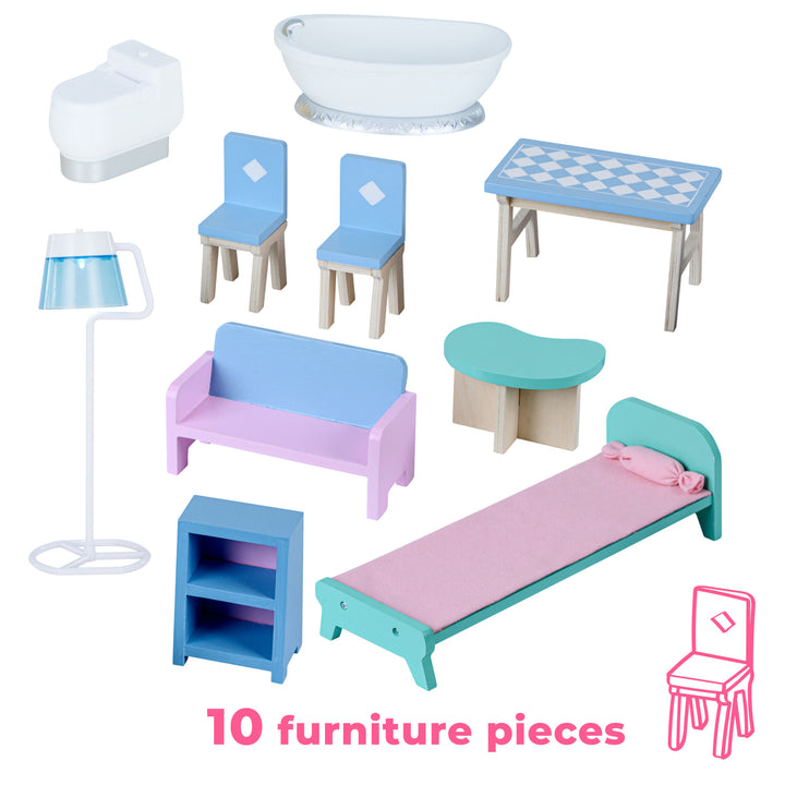A photo with the caption "10 furniture pieces" and a chair icon, with a white toilet and bathtub, blue and white table and two chairs, floor lamp, a blue and lavender sofa, a mint coffee table, a mint and pink bed, and a blue shelf.