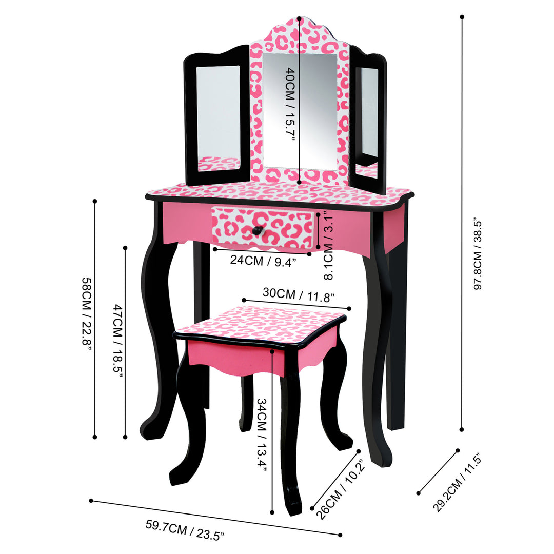 Dimensions in inches and centimeters for a  pink and black Fantasy Fields Gisele Leopard Print Vanity Playset with a mirror and stool.