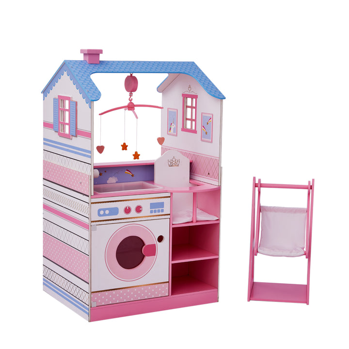 A Olivia's Little World Baby Doll Changing Station Dollhouse with Storage, Pink with a washing machine and clothes dryer.