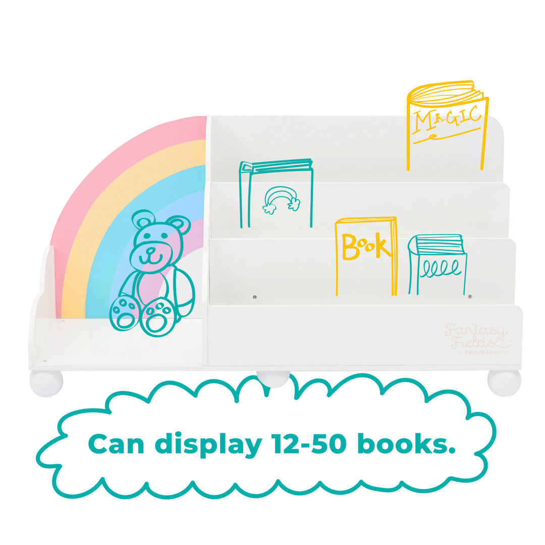 A Fantasy Fields Rainbow Wooden Display Bookcase, White with a teddy bear.