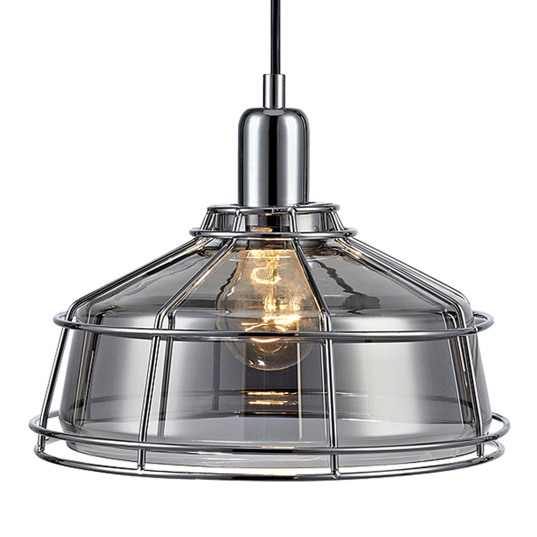 Teamson Home Presenza Chrome Pendant Lamp with Industrial Cage with a smoky glass shade