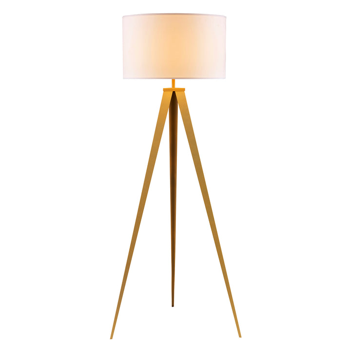A Teamson Home Romanza 62" Postmodern Tripod Floor Lamp with Drum Shade, Matte Gold/White with a cylindrical shade and a tripod base.