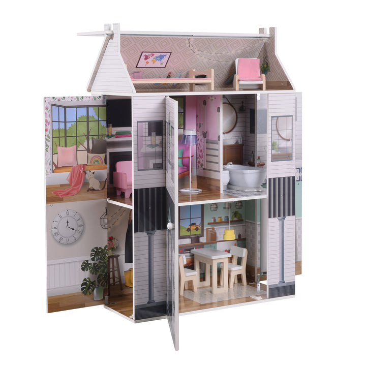 A view from the left side of the dollhouse with the fully-illustrated side open .